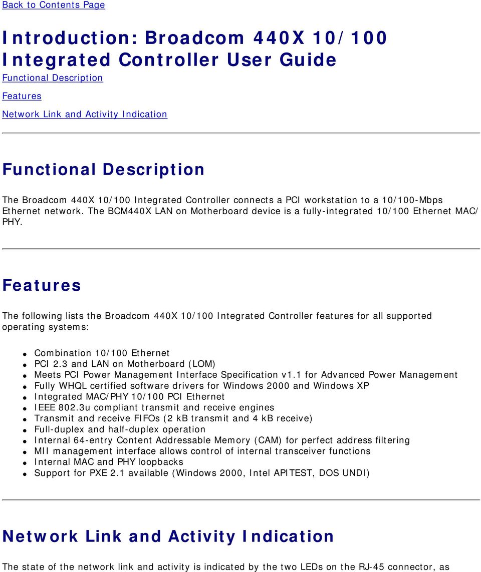 Broadcom 440x 10/100 integrated controller windows 2000